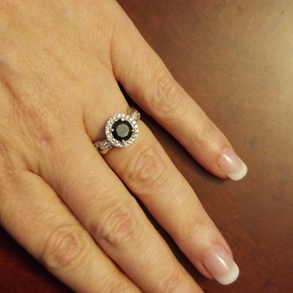 Black and White CZ Halo Sterling Silver Ring